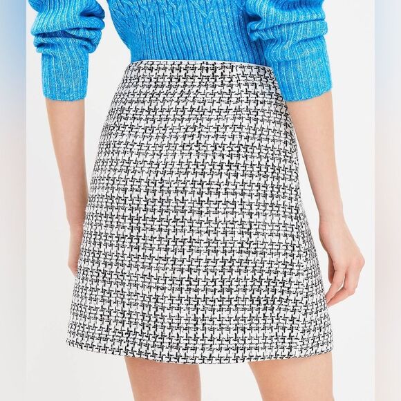 LOFT Tweed A-line Skirt 12 Black & White Plaid Metallic Sequin Preppy Academia - Picture 8 of 10